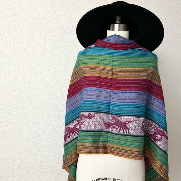 VINTAGE MACHU PICCHU RAINBOW STRIPE EMBROIDRED OVERSIZED SCARF SHAWL - Picture 5 of 10